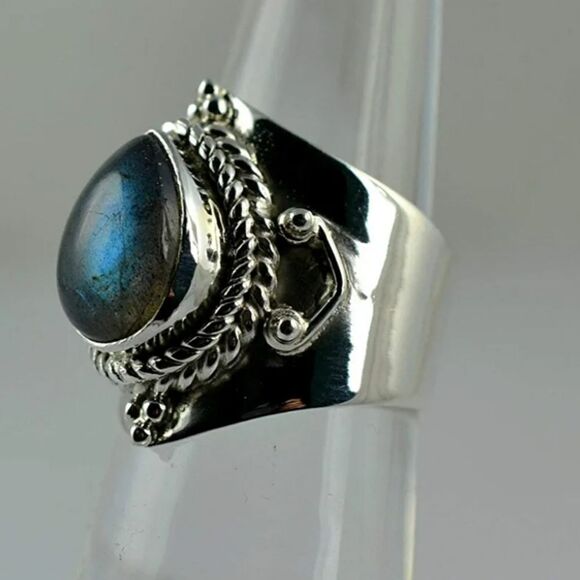 Gemstone Labradorite Pearl Shape Silvery Rings Size 6 - Picture 8 of 9